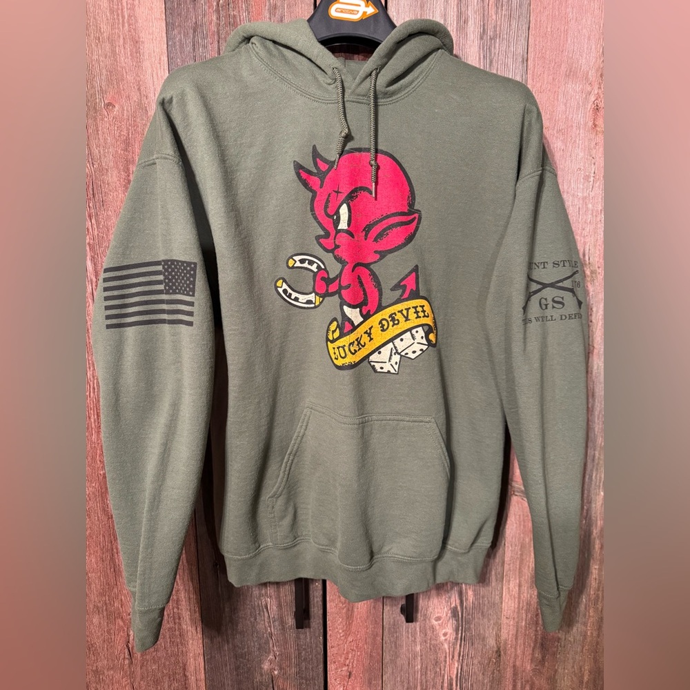 Grunt Style Lucky Devil Men’s Large OD Green Pullover Hoodie NWOT